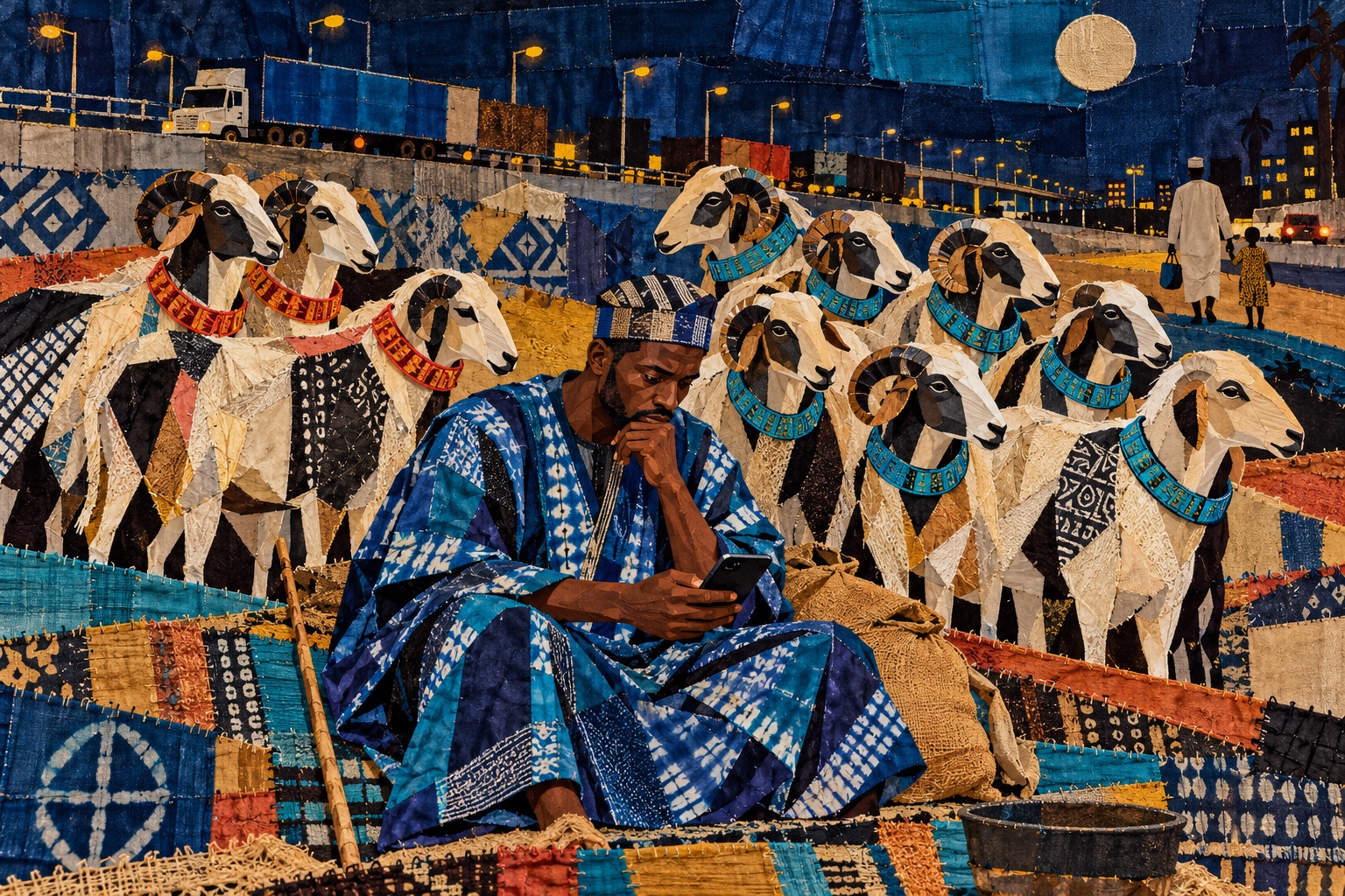 In a patchwork of stitched indigo, ochre and rust cloth, a herder in a blue patterned boubou and cap sits among his rams at night, chin in one hand, looking down at the phone in the other; the white-and-black rams behind him wear beaded collars, red on the left and teal on the right, and beyond them a lorry passes on a lit road under a pale moon while a man and a child walk away along the verge.