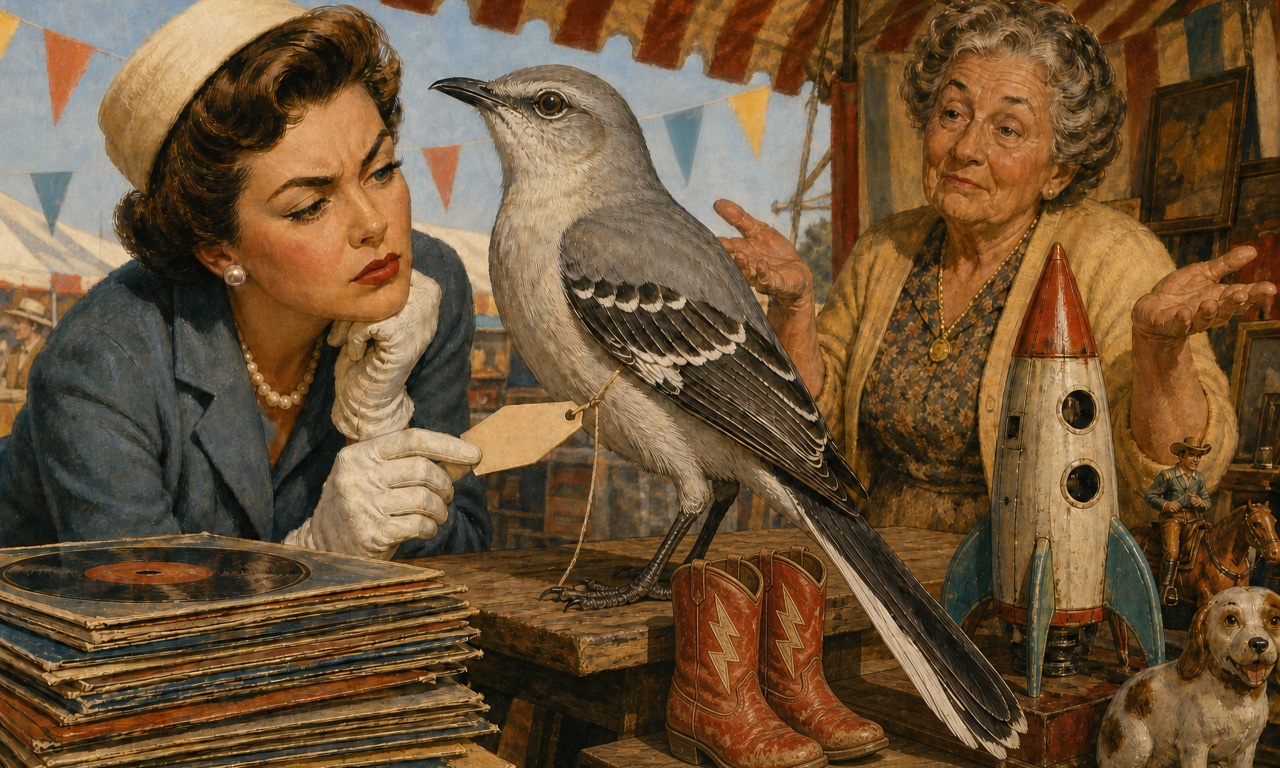At a secondhand market stall, a woman in gloves and a pillbox hat skeptically inspects the price tag tied to the leg of a giant mockingbird perched on the table, while the elderly stall keeper spreads her hands; on the table, a stack of records, small red cowboy boots, a toy rocket, and a ceramic dog.