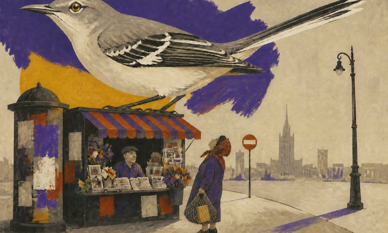 In 1965 Polish Poster School style, an enormous gray mockingbird perches on a small Warsaw flower-and-newspaper kiosk against a violet-and-ochre sky. The keeper looks out from his window, a tiny green dragon figurine and a toy car among his wares, while a woman in a polka-dot headscarf looks up astonished, a hardback book tucked in her string shopping bag. A city skyline and lamp post stand behind.