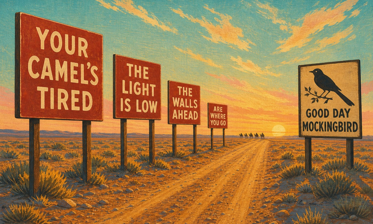 In mid-century poster style, a row of red roadside signs along a desert track at sunset reads YOUR CAMEL'S TIRED, THE LIGHT IS LOW, THE WALLS AHEAD, ARE WHERE YOU GO, with a distant camel caravan on the horizon and, at right, a cream sign bearing a black mockingbird silhouette and the words GOOD DAY MOCKINGBIRD.