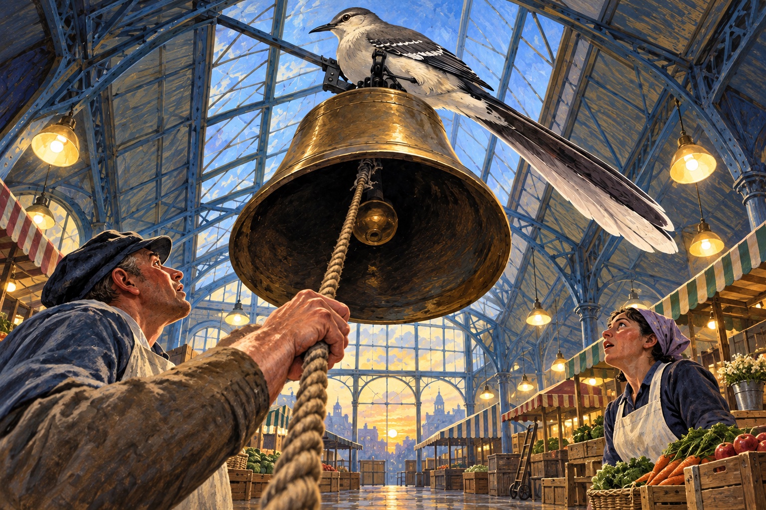 Seen from the floor of a glass-roofed market hall at dawn, a great brass bell hangs from the iron trusses with a giant gray mockingbird perched calmly on its crown; below, a bell-ringer in a flat cap grips the slack rope and stares up, and a market woman in a headscarf looks up from the right, while the lit and empty stalls recede toward a low sun in the end window.