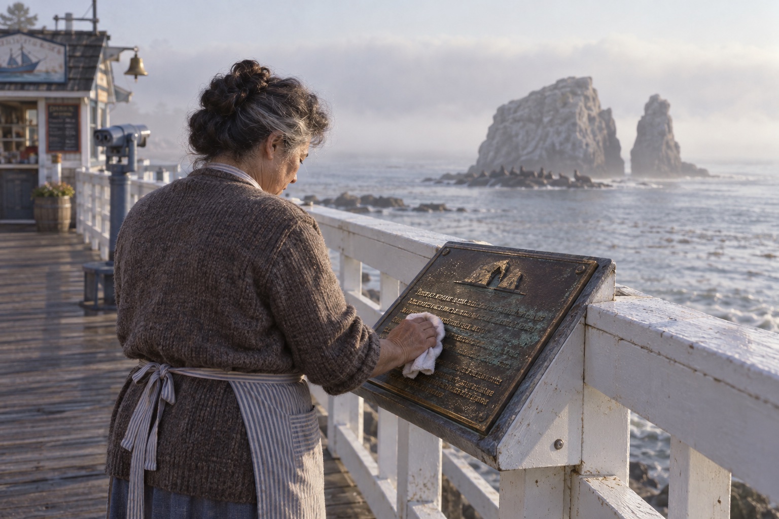 At dawn on a white-railed boardwalk, a grey-haired woman in a brown cardigan and a striped apron, seen from behind, polishes a bronze plaque on the railing with a white counter rag; some lines of its raised letters shine gold and others are dull and streaked sea-green, and a small relief of the rock with its arch sits at the top, while beyond the railing the real rock rises out of lifting fog with two horns and a gap between them, sea lions on the ledge at its foot, and a chowder stand with a ship's bell and a coin-op binocular stand down the boardwalk behind her.