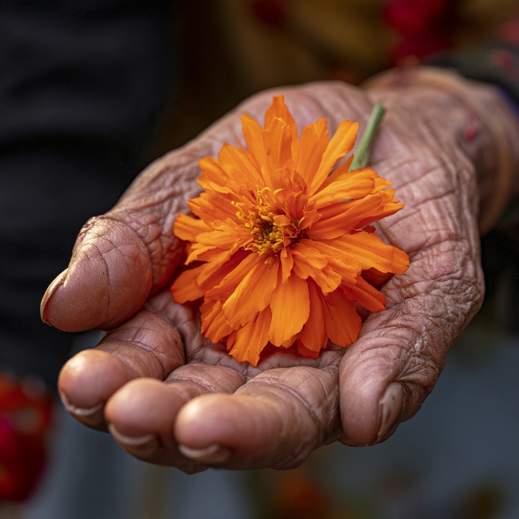 An old, deeply lined hand held open, palm up, with a single orange marigold bloom resting in it, in warm shallow focus against a dark blurred background.